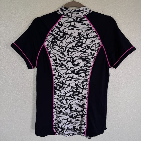 Ibkul Top Women Medium Abstract Black White Pink Zip Athletic Golf Tennis Active - Picture 2 of 8